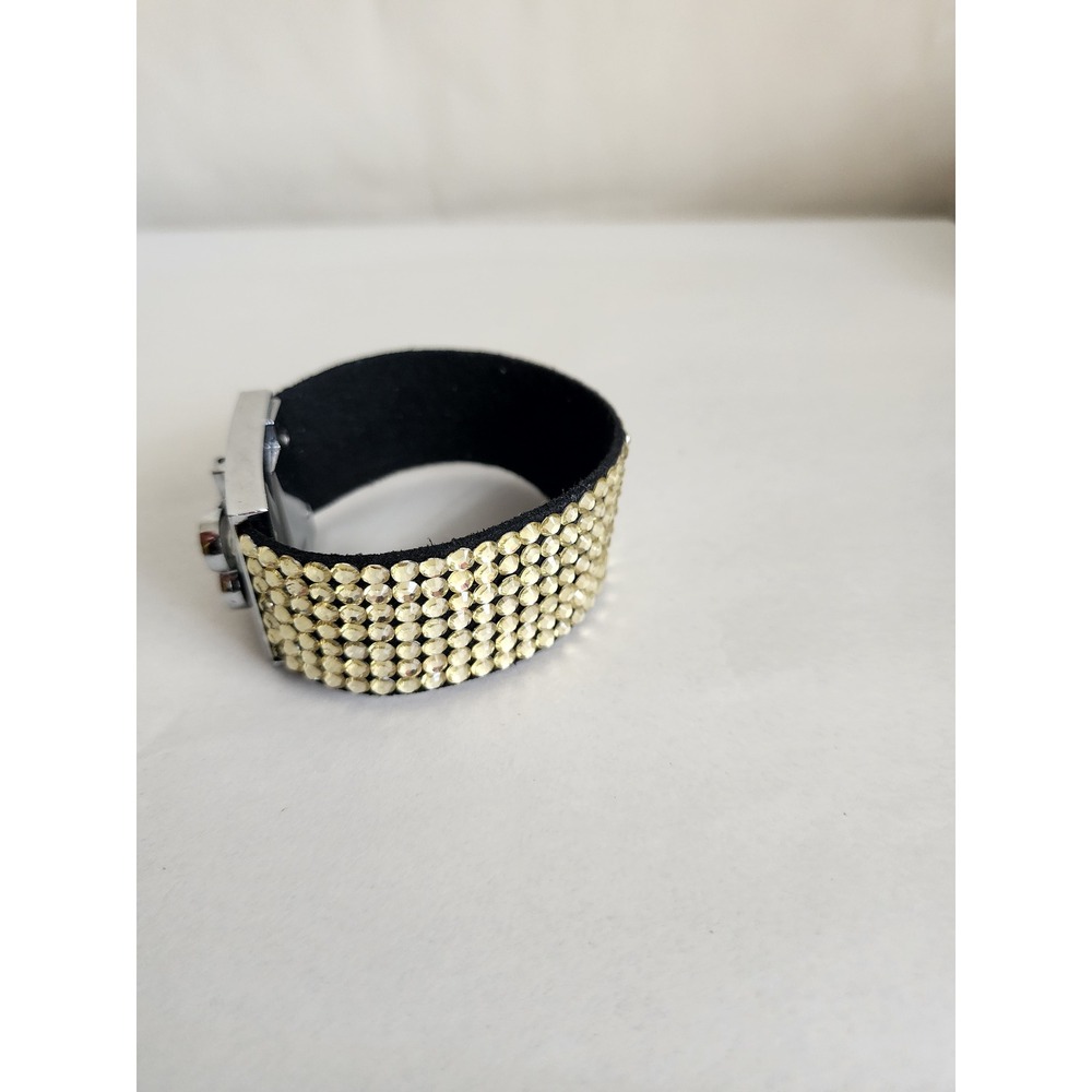 Rhinestone Faux Suede Cuff Bracelet Silver Tone Heart Buckle Clasp Champagne